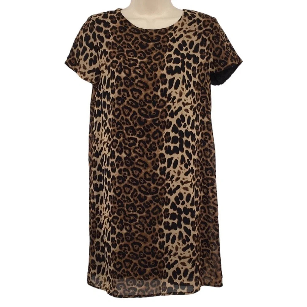 Line & Dot Shift‎ Dress Womens XS Brown Black Leopard Print Short Sleeve